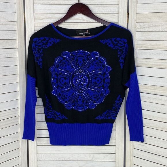 Laura Petites Mandala Print Rhinestone Colorblock Sweater Black Blue XS - Picture 7 of 12
